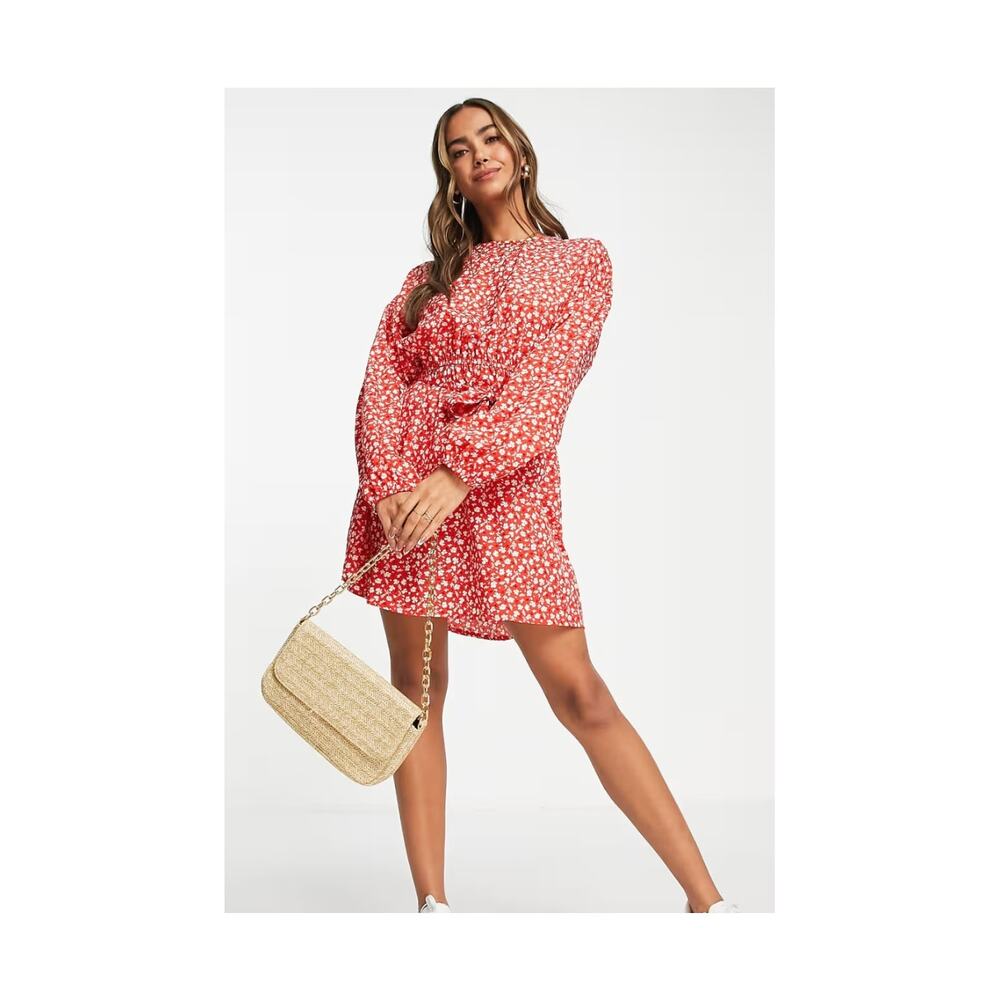 Wednesday's Girl Red Ditsy Floral Swing Dress L Boho Long Sleeve Tie Waist Mini